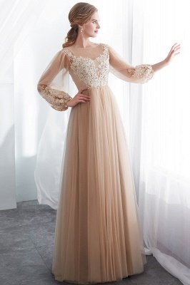 NATALIE | A-line Long Sleeves Appliques Tulle Champagne Evening Dresses_1