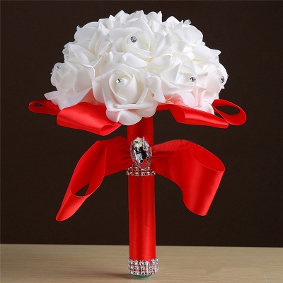 Weiße Seide Rose Crystal Beading Bouquet in bunten Griffen_4