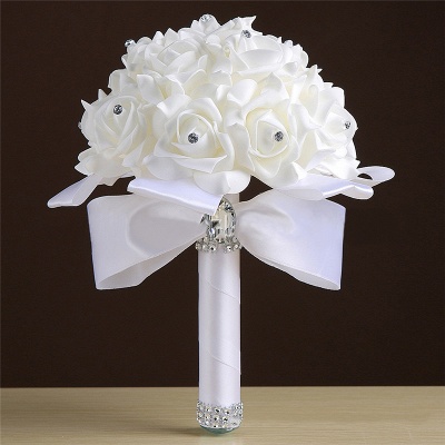 Weiße Seide Rose Crystal Beading Bouquet in bunten Griffen_1