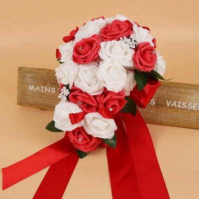 Bunter Seidenrosen-Hochzeits-Blumenstrauß mit Bändern_3