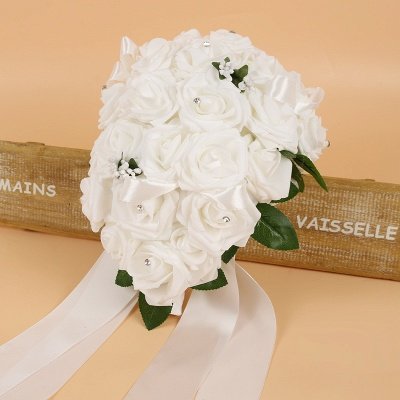 Bunter Seidenrosen-Hochzeits-Blumenstrauß mit Bändern_1
