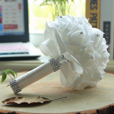 White Silk Wedding Bouquet with Colorful Handles_1