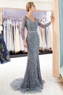 MAVIS | Mermaid Long Sleeves V-neck Sequins Evening Gowns with Sash_5