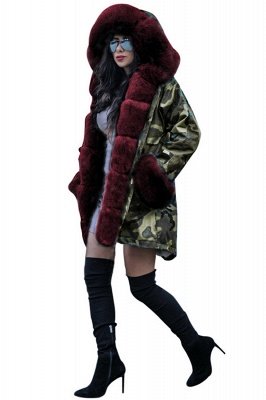 Beautiful Warm Winter Hooded Outwear Faux Fur Camouflage Long Sleeves_7