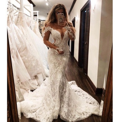 Glamorous Off-the-Shoulder Long Sleeves V-Neck Appliques Mermaid Floor-Length Wedding Dresses_3