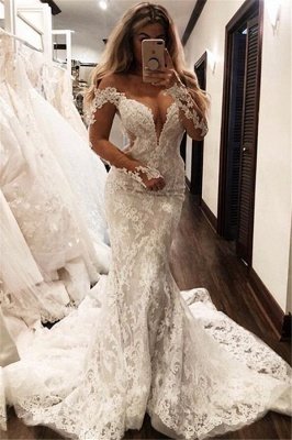 Glamorous Off-the-Shoulder Long Sleeves V-Neck Appliques Mermaid Floor-Length Wedding Dresses_1
