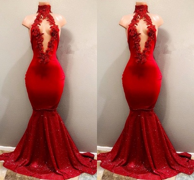 Mais novo Sereia Red Lace High Neck Prom Dress | Vestido de baile vermelho BA8154_4