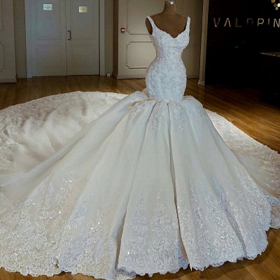 Shiny Mermaid Beading Lace Straps Applique Wedding Dresses_2