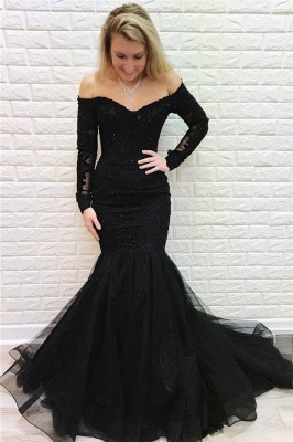 Черное вечернее платье с длинными рукавами и открытыми плечами_1