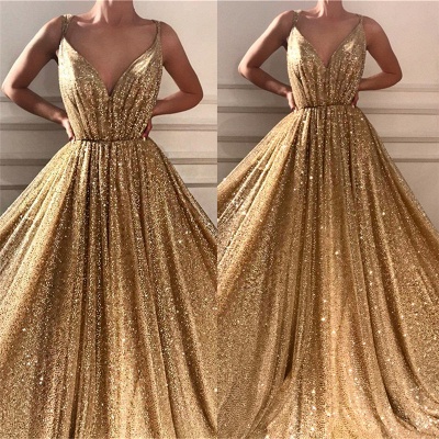 Paillettes glamour robe de bal longue de bretelles spaghetti | Sparkle V Neck Sleeveless Gold Robe de bal_3