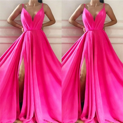 Sexy Spaghetti Straps Sleeveless Long Prom Dress | Affordable V Neck Front Slit Long Pink Prom Dress_2