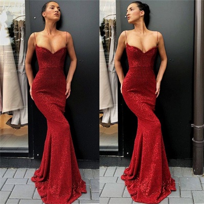 Sexy einfache Rote Pailletten Lange Abendkleider | Günstige Spaghettiträger Abendkleider 2021 BC0920_3