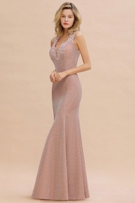 Sparkly Deep V-neck Long Evening Dresses | Elegant Flowers Neck Sleeveless Pink Floor-length Formal Dress_12