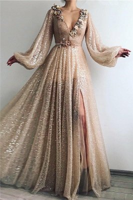 Paillettes scintillantes robe de bal manches longues | Robe de bal sexy fendue devant avec encolure en V_1