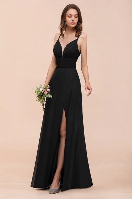Очаровательное черное платье для подружек невесты с глубоким V-образным вырезом и разрезом по бокам с тонкими бретельками_5