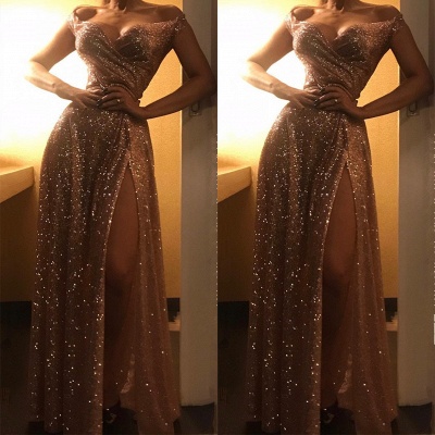 Fora do ombro brilhante ouro lantejoulas vestidos de noite | Sexy Side Slit Prom Vestidos baratos_3
