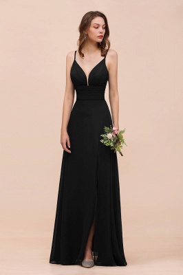 Очаровательное черное платье для подружек невесты с глубоким V-образным вырезом и разрезом по бокам с тонкими бретельками_9