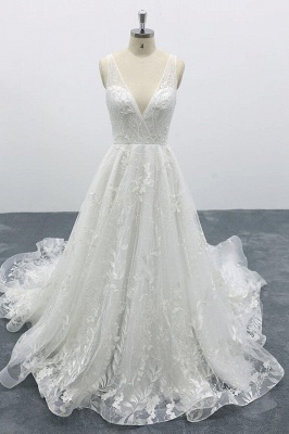 White Sweetheart Lace A-line princess Court Train Wedding Dress_1