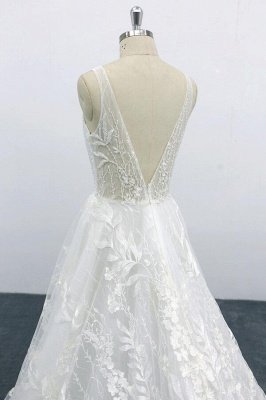 White Sweetheart Lace A-line princess Court Train Wedding Dress_8