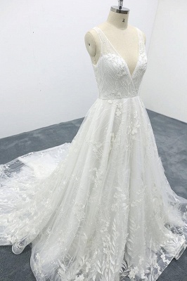 White Sweetheart Lace A-line princess Court Train Wedding Dress_6