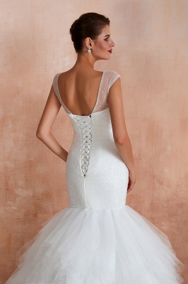 Catherine | Luxury V-neck Cap Sleeve Beach Low back Lace up White Close fitting Bridal Gowns with Sequins_5