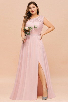 One shoulder Lace Aline Evening Dress Pink Bridesmaid Dress with Side Slit_7