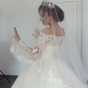 A linha princesa elegante laço fora do ombro vestidos de casamento | Até o chão mangas compridas vestidos de noiva_3