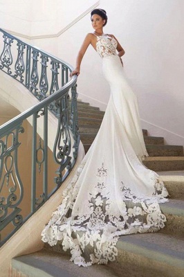 فستان زفاف بحمالات رفيعة من الدانتيل عبر الإنترنت مع قطار صغير | فساتين الزفاف البيضاء أقل من 200 دولار_2