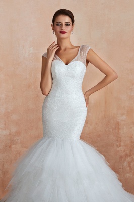 Catherine | Luxury V-neck Cap Sleeve Beach Low back Lace up White Close fitting Bridal Gowns with Sequins_6