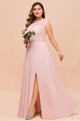 One shoulder Lace Aline Evening Dress Pink Bridesmaid Dress with Side Slit_6