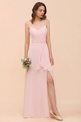 Spaghetti Straps Pink Chiffon Wedding Party Dress Sleeveless Long Bridesmaid Dress_6