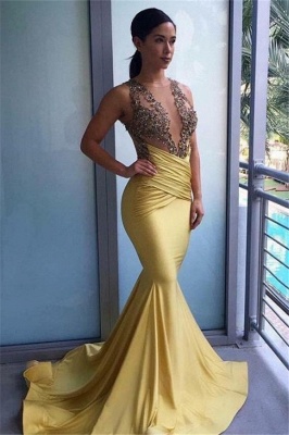 New Mermaid Ruffles Beads Appliques Sheer Tulle Prom Dresses | Summer Long Yellow Formal Dresses_1