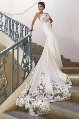 فستان زفاف بحمالات رفيعة من الدانتيل عبر الإنترنت مع قطار صغير | فساتين الزفاف البيضاء أقل من 200 دولار_4