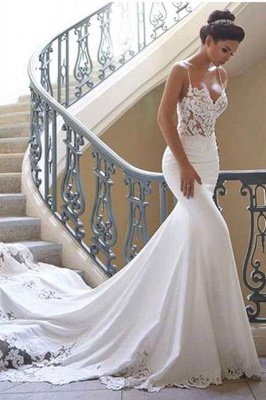 فستان زفاف بحمالات رفيعة من الدانتيل عبر الإنترنت مع قطار صغير | فساتين الزفاف البيضاء أقل من 200 دولار_3