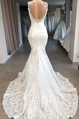 Элегантное спагетти-ремешок с V-образным вырезом белое свадебное платье без рукавов с русалкой и открытой спиной_3