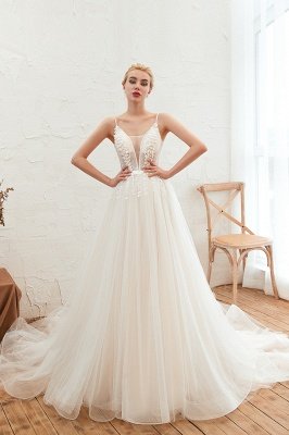 Robe de mariée champange à bretelles spaghetti et décolleté en V | Robes De Mariée Sexy Dos Bas en ligne_9