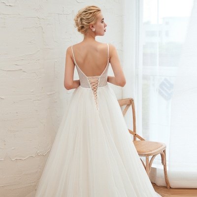 Summer Spaghetti Straps Plunging V-neck Champange Wedding Dress | Sexy Low Back Bridal Gowns Online_16