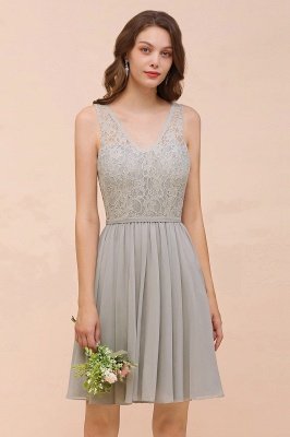 Chic V-Neck Lace Chiffon Short Party Dress Aline Bridesmaid Dress_1