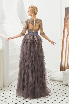 Modest Long Sleeve Grau Brautmutterkleid mit fließenden Rüschen | Elegantes Abendkleid mit Illusionsausschnitt_3