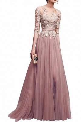 NANA | A-line Half Sleeves Floor Length Slit Appliqued Tulle Prom Dresses with Sash_1