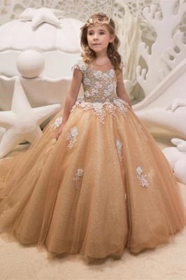 Lindo champanhe mangas compridas flor menina vestidos com laço acima | Jewel Tulle Kids Dresses For Wedding_1