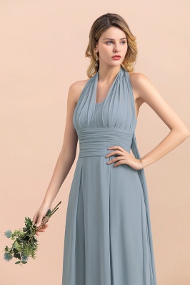 Grey Blue V-Neck Sleeveless Aline Wedding Guest Dress Simple Bridesmaid Dress Floor Length_11