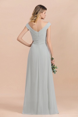 Серебряное простое свадебное платье с открытыми плечами и V-образным вырезом, Вечернее платье в пол_3