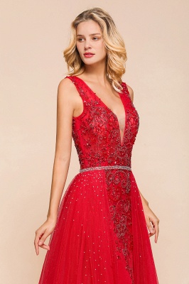 Sexy Open Back Plunging V-neck Sleeveless Ruby Red A-line Prom Dress with Beaded Belt_9