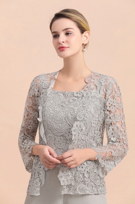 Silver Chiffon Motherr of the Bride Dress Lace Appliques JumpSuit with Long Sleeves_7
