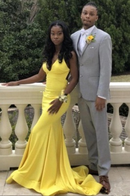 Sexy Backless V-neck daffodil Affordable Mermaid Prom Dress Online_3