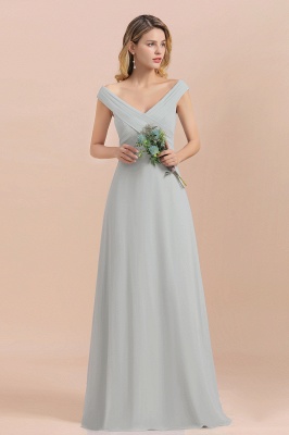 Серебряное простое свадебное платье с открытыми плечами и V-образным вырезом, Вечернее платье в пол_4