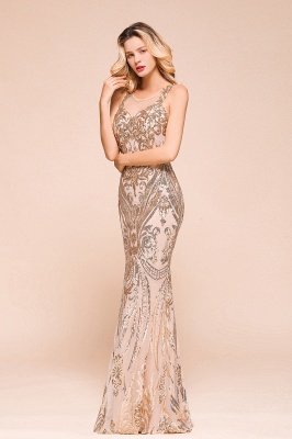 Sparkle Sequined High neck Sleevelss Rose Gold Mermaid Long Evening Dresses_4