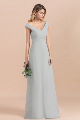 Серебряное простое свадебное платье с открытыми плечами и V-образным вырезом, Вечернее платье в пол_5