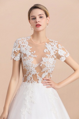 Elegant White Short Sleeves Ball Gown Buttons Lace Applique Wedding Dress_8